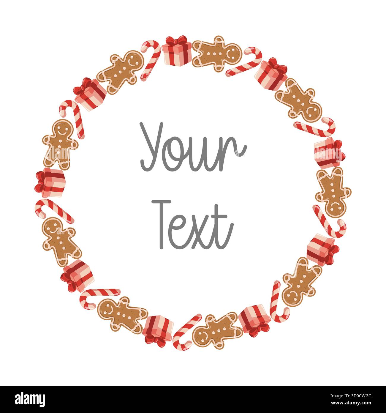 Corona di Natale con uomini di pan di zenzero, canne di caramelle e scatole regalo rosse. Illustrazione vettoriale isolata su sfondo bianco. Illustrazione Vettoriale