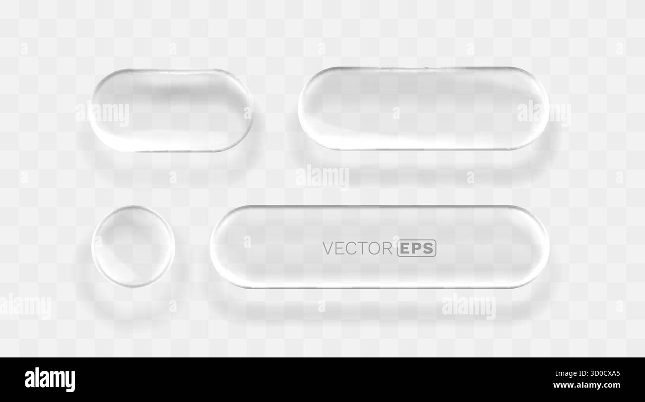 Elementi dell'interfaccia utente Glassmorphism. Pulsanti moderni trasparenti e trasparenti. Forme vettoriali lucide per un design elegante e minimalista. Illustrazione vettoriale Illustrazione Vettoriale
