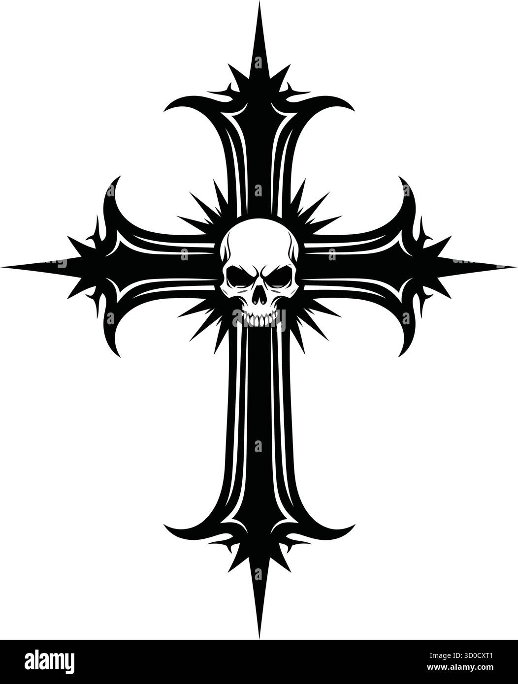 Croce cristiana scura con teschio umano - morte e fede simbolismo vettoriale Illustrazione Vettoriale