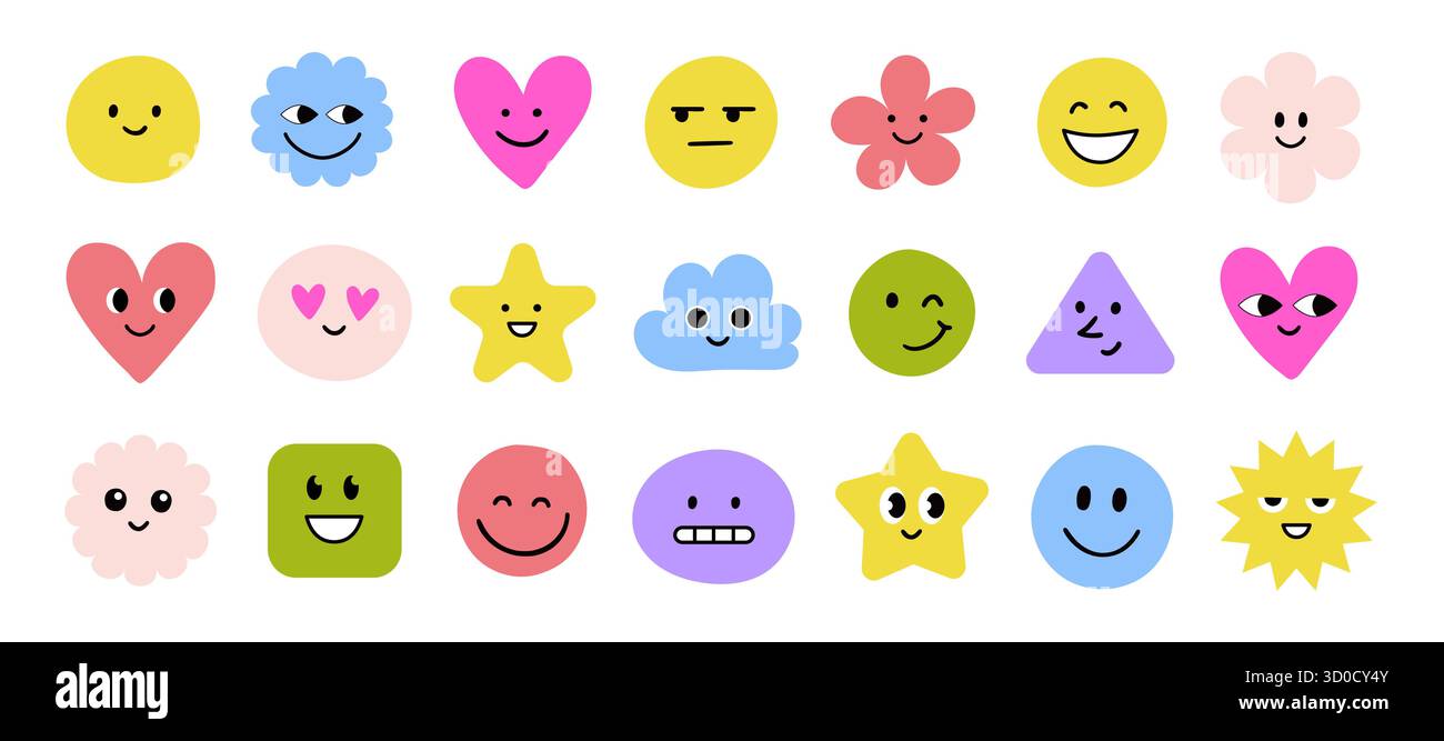 Set di adesivi con icona emoji per il sorriso del viso. Simpatico adesivo emoji per il viso divertente in stile doodle per bambini. Divertente emoticon cartoni animati cuore, stella, fiore alla moda forma del personaggio. Illustrazione vettoriale Illustrazione Vettoriale