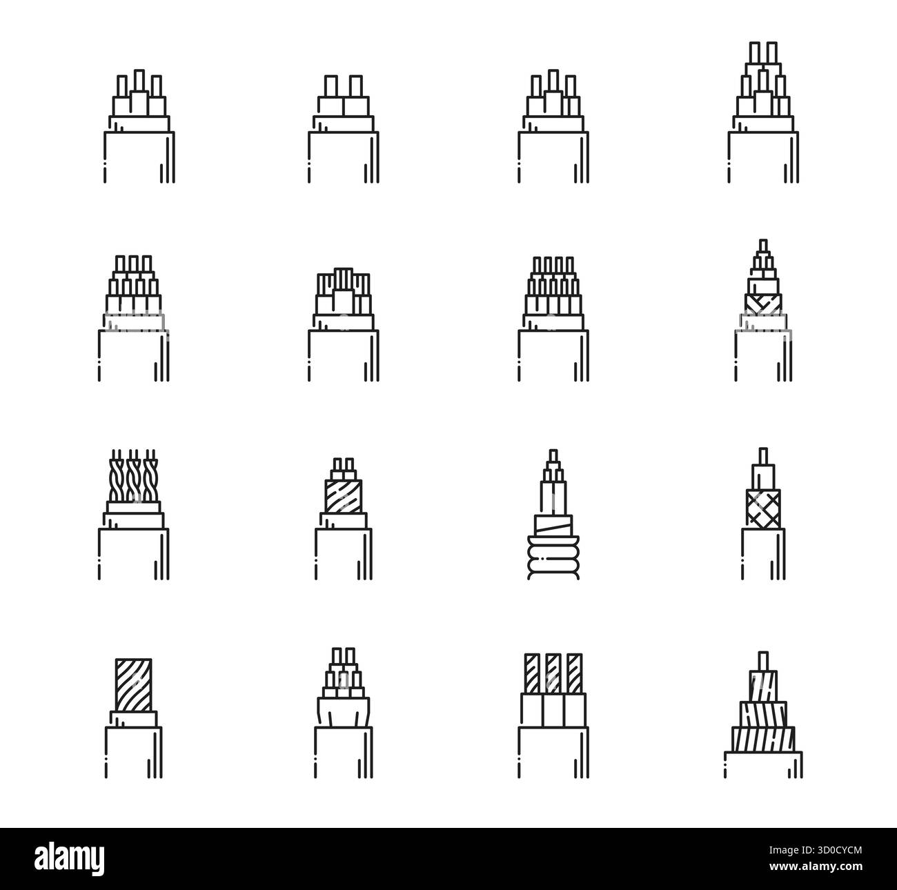 Set di icone di fili e cavi elettrici, diversi tipi di fili isolati e conduttori elettrici, isolati su bianco. Schermatura del cavo elettrico Vector nero, torsione, intrecciatura, strati isolanti Illustrazione Vettoriale