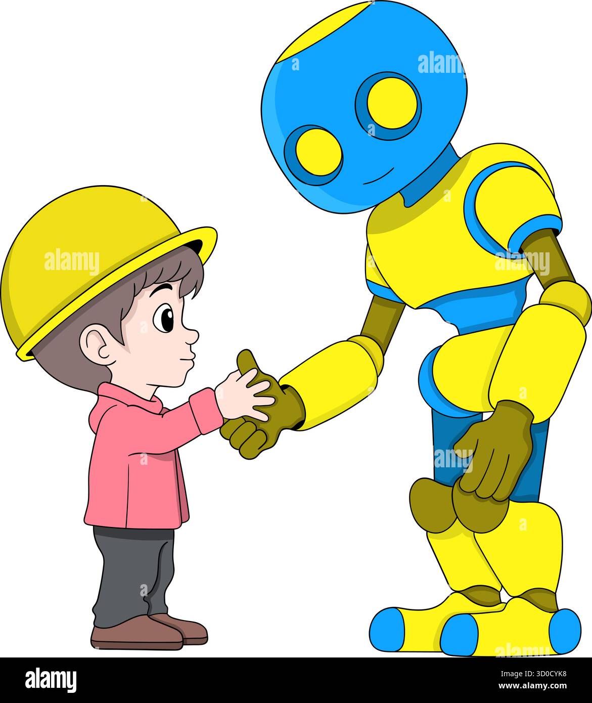 Illustrazione vettoriale di cartoni animati che mostra umani e robot che collaborano a progetti futuristici Illustrazione Vettoriale