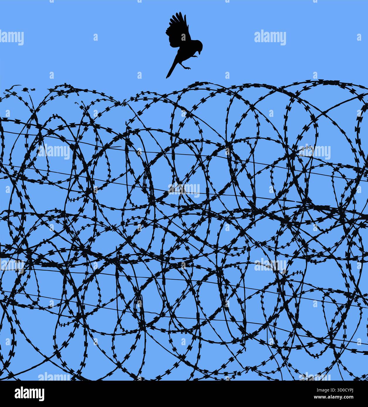 Un uccello libero sta per atterrare su filo Razor, filo contstantino, filo spinato di una prigione ed è visto di fronte ad un cielo blu in questa immagine di sfondo. Illustrazione Vettoriale