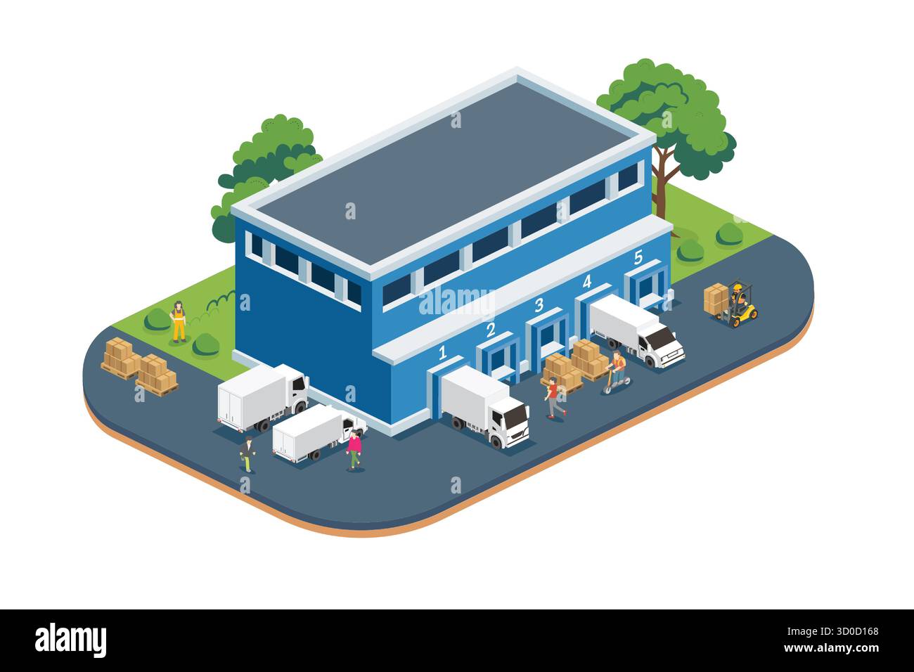 Moderno centro logistico di distribuzione isometrico. Magazzini con banchine di carico, camion, pallet e scatole isolate su bianco. Illustrazione Vettoriale
