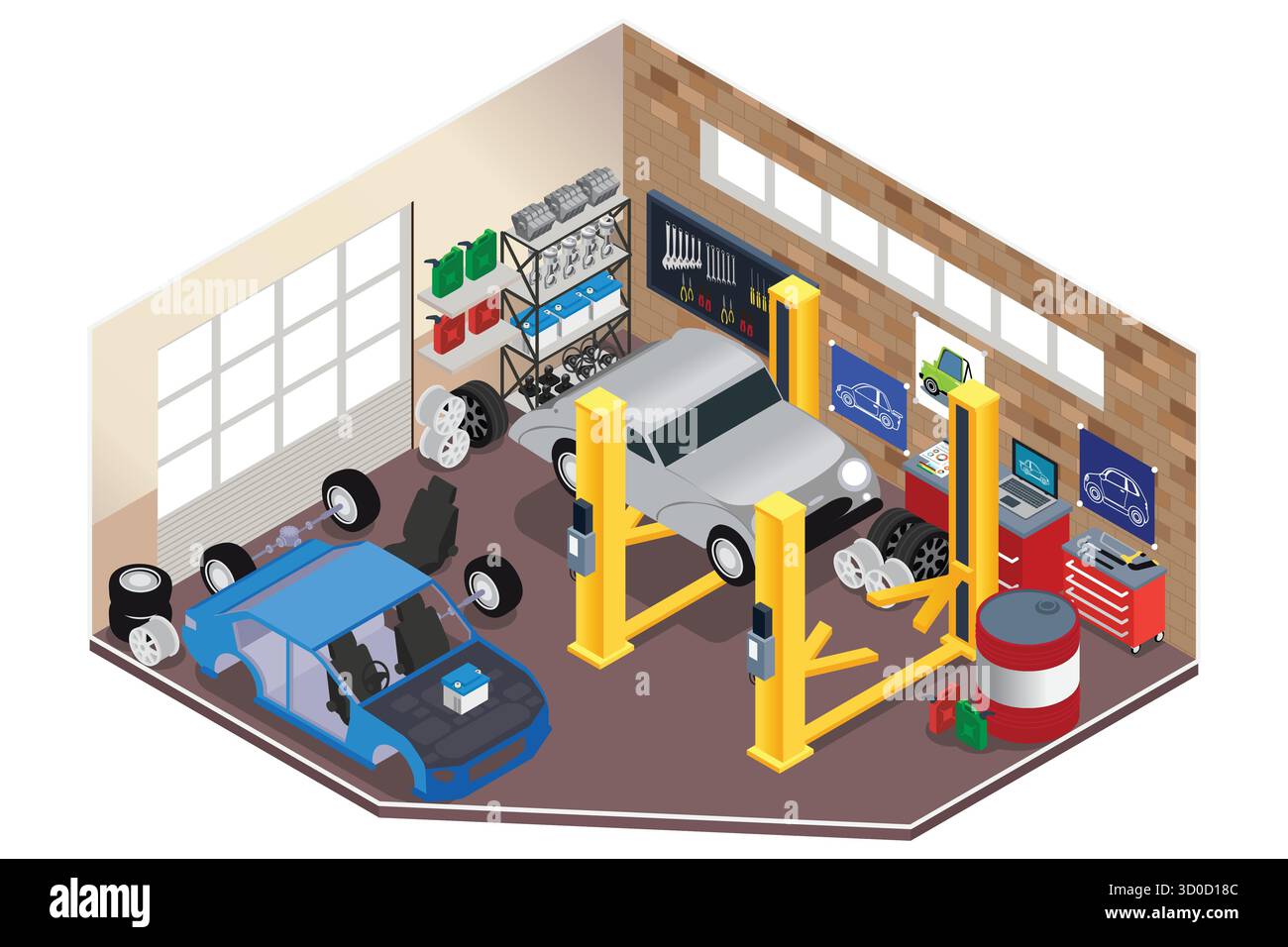 Un'illustrazione vettoriale dell'officina Isometric Car Repair Illustrazione Vettoriale