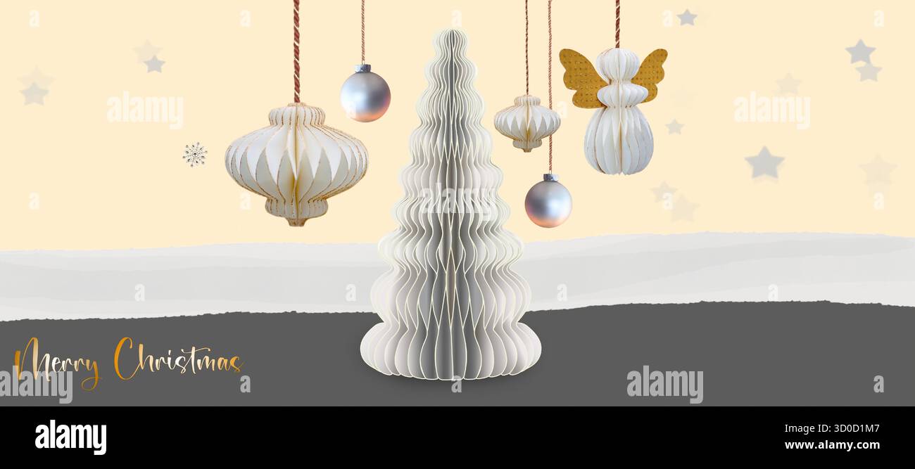 Nuovo design con albero di Natale a nido d'ape bianco e angeli a nido d'ape di carta. Testo in inglese: Buon Natale. Copia spazio. Illustrazione Vettoriale