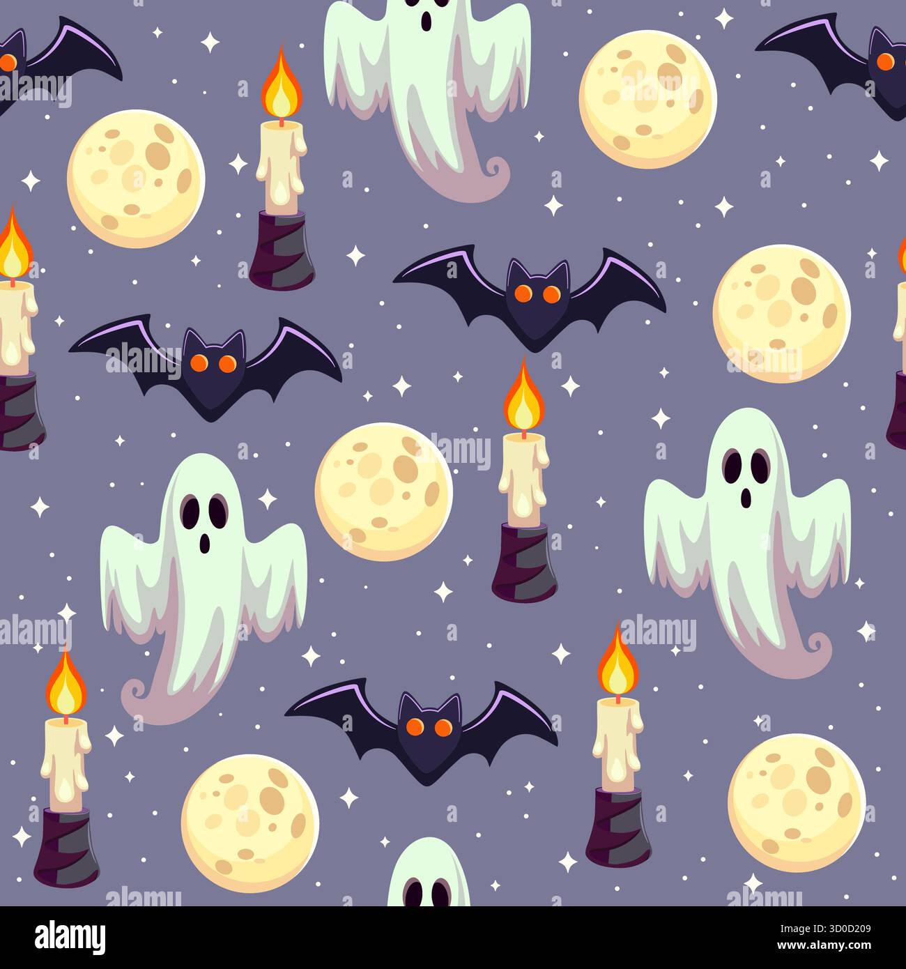 Halloween senza cuciture con fantasmi, pipistrelli, candele e luna Illustrazione Vettoriale