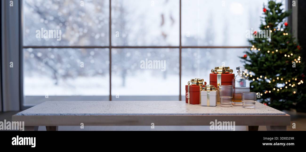 Presenta una confezione regalo e una bottiglia da bere sul tavolo di marmo e sull'albero di Natale con la nevicata all'esterno della parete di vetro. Decorazione natalizia, rappresentazione 3D, illustrazione 3D. Foto Stock