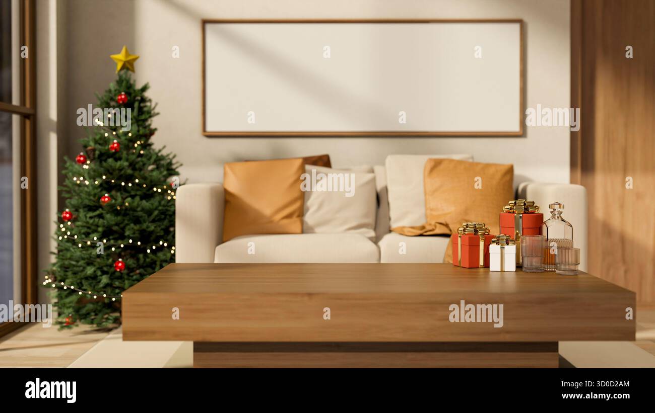Bevi una bottiglia e una tazza di vetro su un tavolo di legno a parte il divano e l'albero di Natale sotto una cornice sulla parete. Mockup pubblicitario, rappresentazione 3D illustrazione 3D. Foto Stock