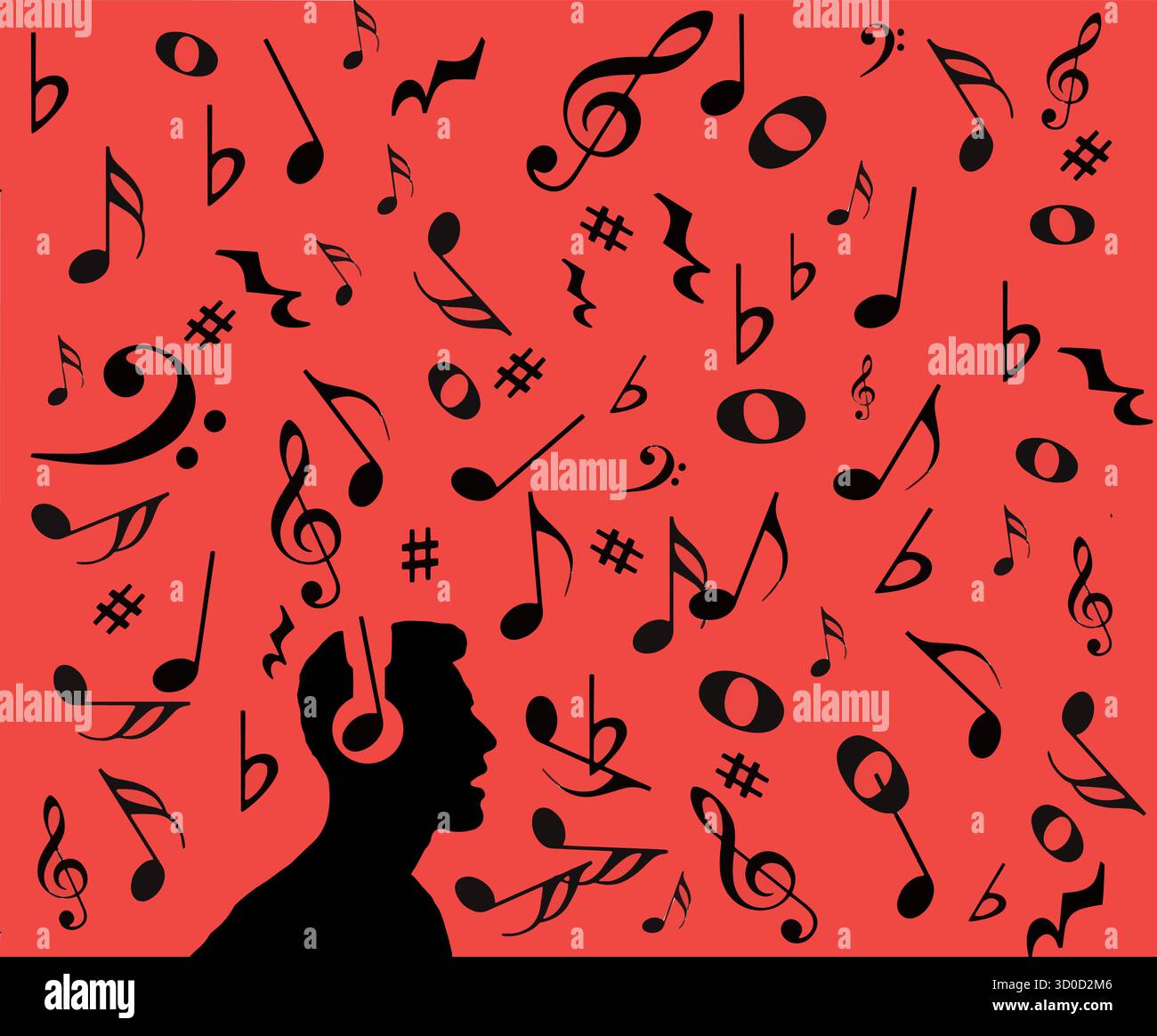 Le note musicali scorrono ovunque, mentre un uomo indossa le cuffie in uno studio di registrazione di produzione in questa illustrazione. Illustrazione Vettoriale