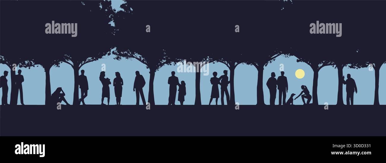 Molte persone sono viste sotto gli alberi in un parco alla fine di una giornata. Le figure sono silhouette che contrastano con il cielo dietro di loro in un'immagine isolata Illustrazione Vettoriale