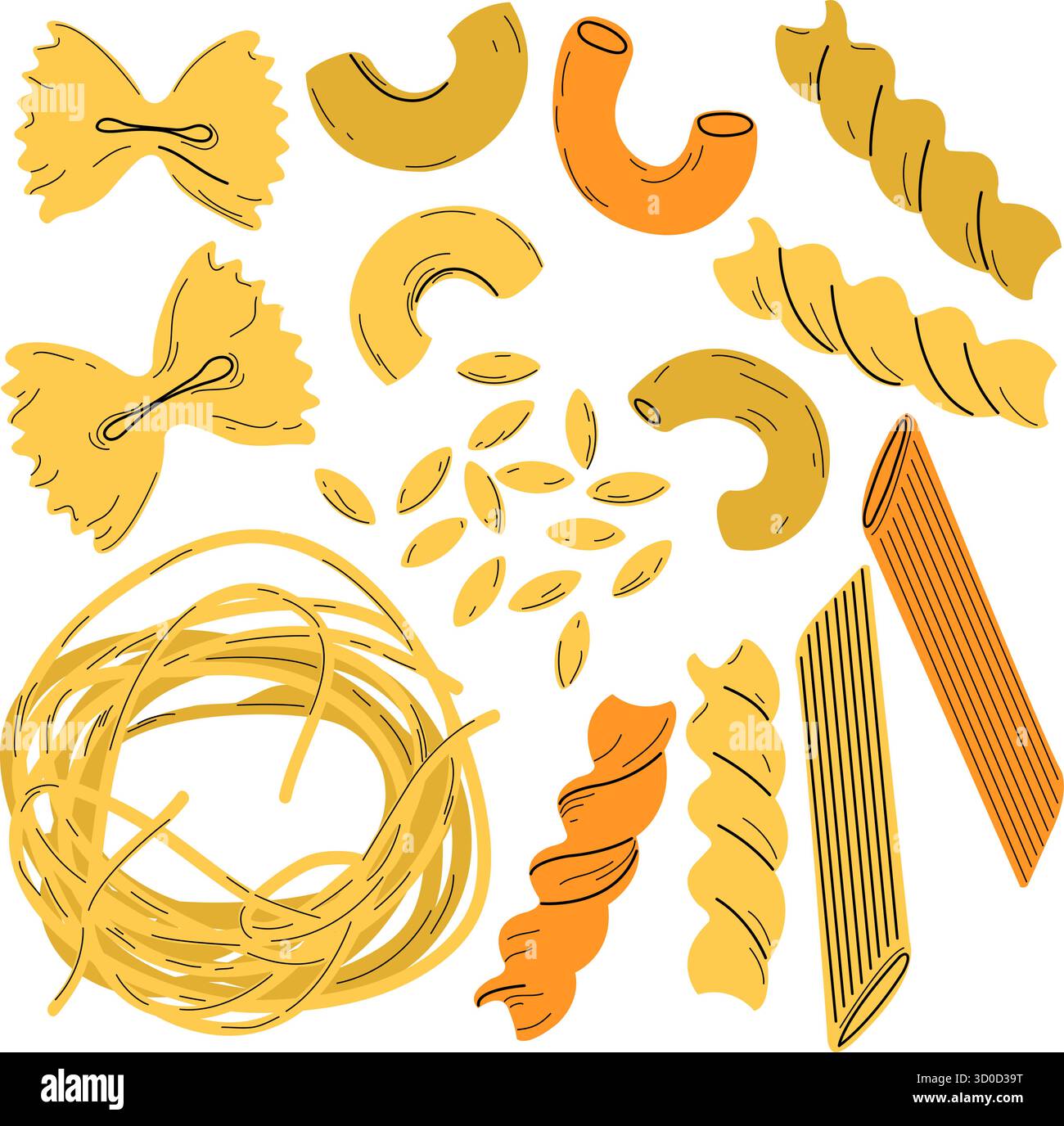 Vari tipi di tagliatelle. Collezione di pasta diversa. Farfalle, penne, spaghetti, maccheroni, orzo e fusilli. Cucina italiana. Illustrazione vettoriale Illustrazione Vettoriale
