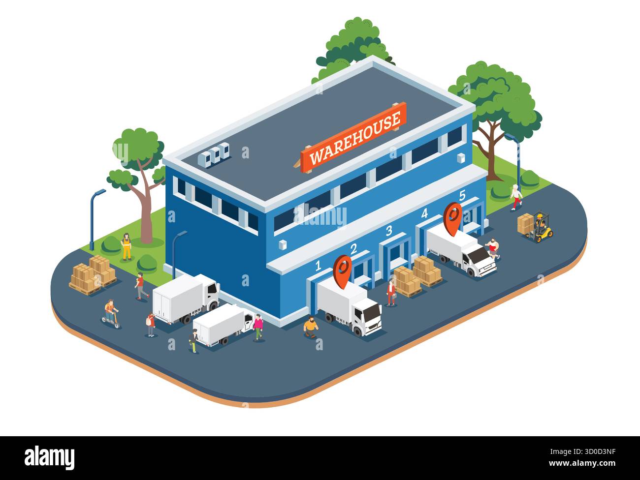 Magazzino isometrico con carrelli, carrelli elevatori, lavoratori e scatole su pallet. Banchine di carico. Puntatore di posizione sopra i carrelli. Movimentazione merci. Illustrazione Vettoriale
