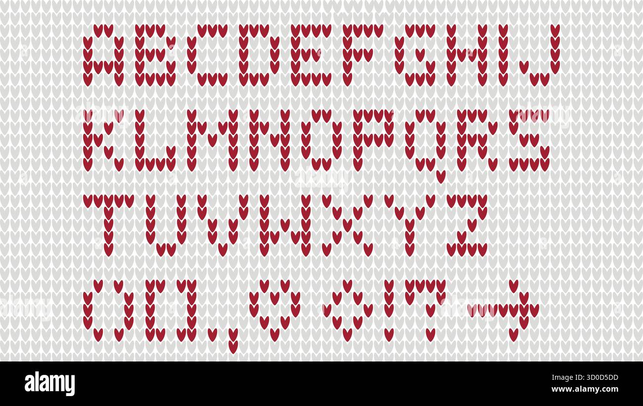 Alfabeto a maglia. Lettere maiuscole latine a uncinetto con cuciture a filo rosso. Accogliente font natalizio, grafica vettoriale. Illustrazione Vettoriale