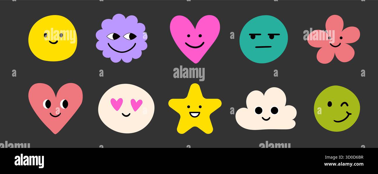 Set di adesivi con icona emoji per il sorriso del viso. Simpatico adesivo emoji per il viso divertente in stile doodle per bambini. Divertente emoticon cartoni animati cuore, stella, fiore alla moda forma del personaggio. Illustrazione vettoriale Illustrazione Vettoriale