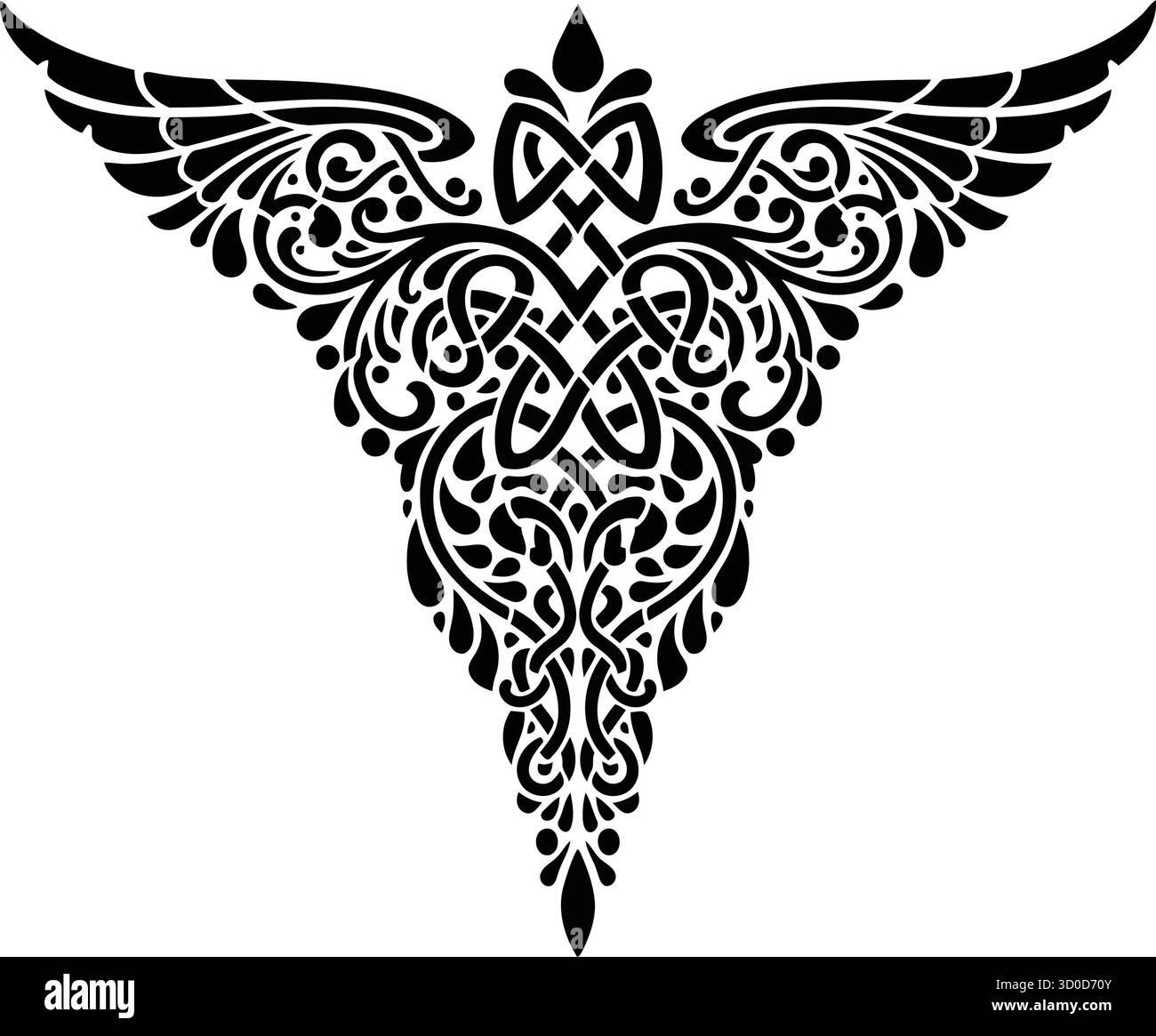 Tribal Phoenix Tattoo Design – motivo simmetrico con fiamma alata in inchiostro nero Illustrazione Vettoriale