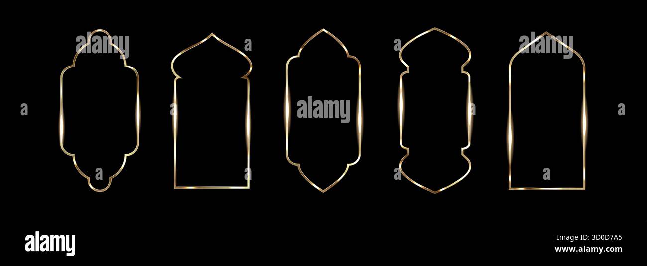 Cornice dorata decorata con disegni ad arco Ramadan per celebrazioni e decorazioni islamiche. Bordi metallici luminosi con le tradizionali forme della porta della moschea. Modello di ornamento culturale per la tessera festiva Illustrazione Vettoriale