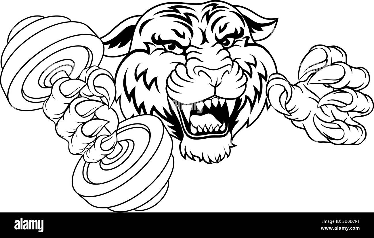 Tiger Weight Lifting Dumbbell Gym Animal Mascot Illustrazione Vettoriale