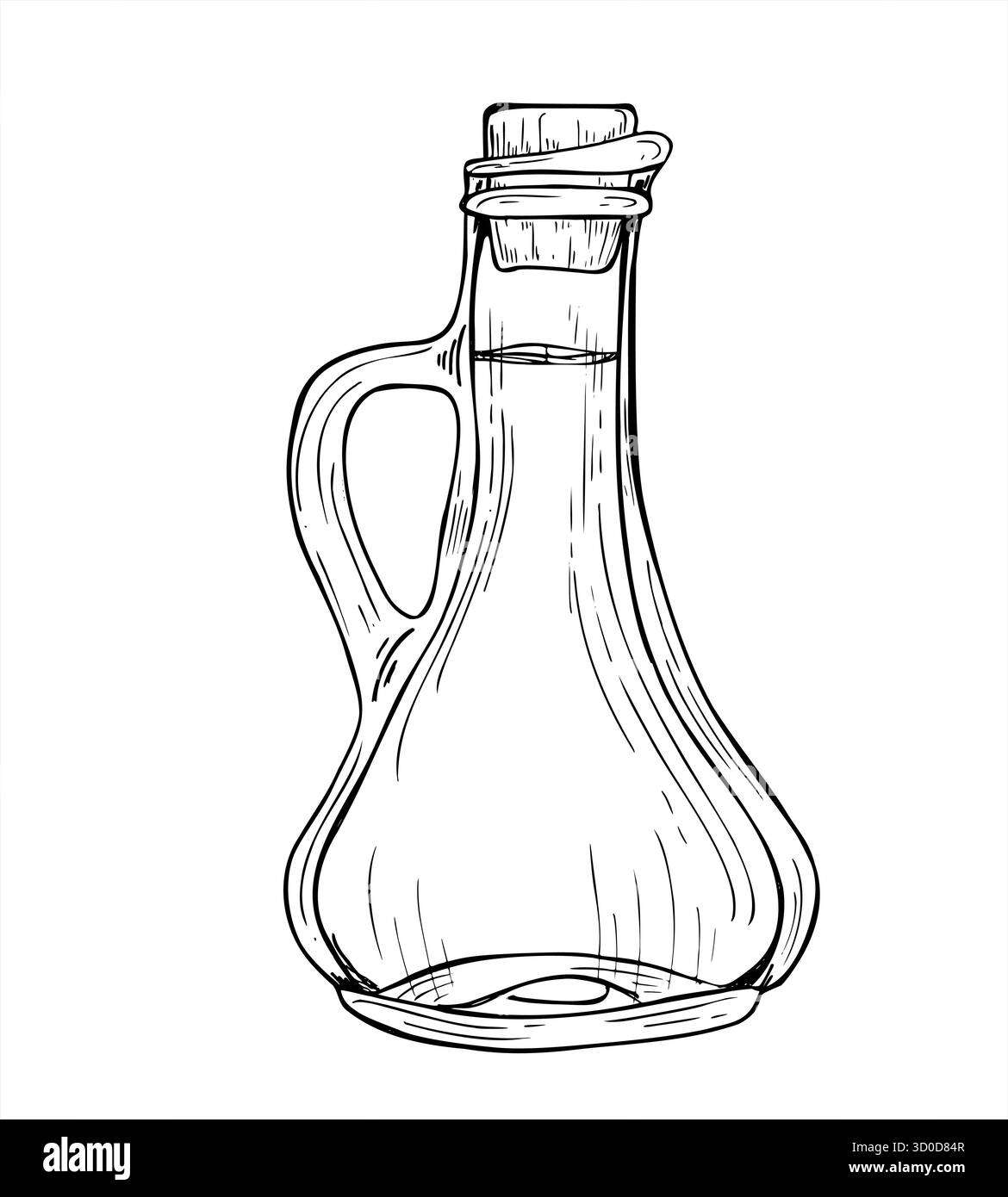Flacone in vetro d'olio monocromatico con tappo in sughero line art, schizzo in inchiostro nero. Illustrazione isolata di utensili da cucina disegnati a mano. Vetreria Illustrazione Vettoriale