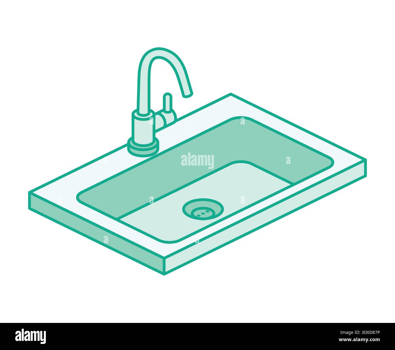 Lavello isometrico da cucina con rubinetto. Moderna illustrazione vettoriale in stile contorno. Elemento di design minimalista degli interni, concetto di tubazioni. Illustrazione Vettoriale