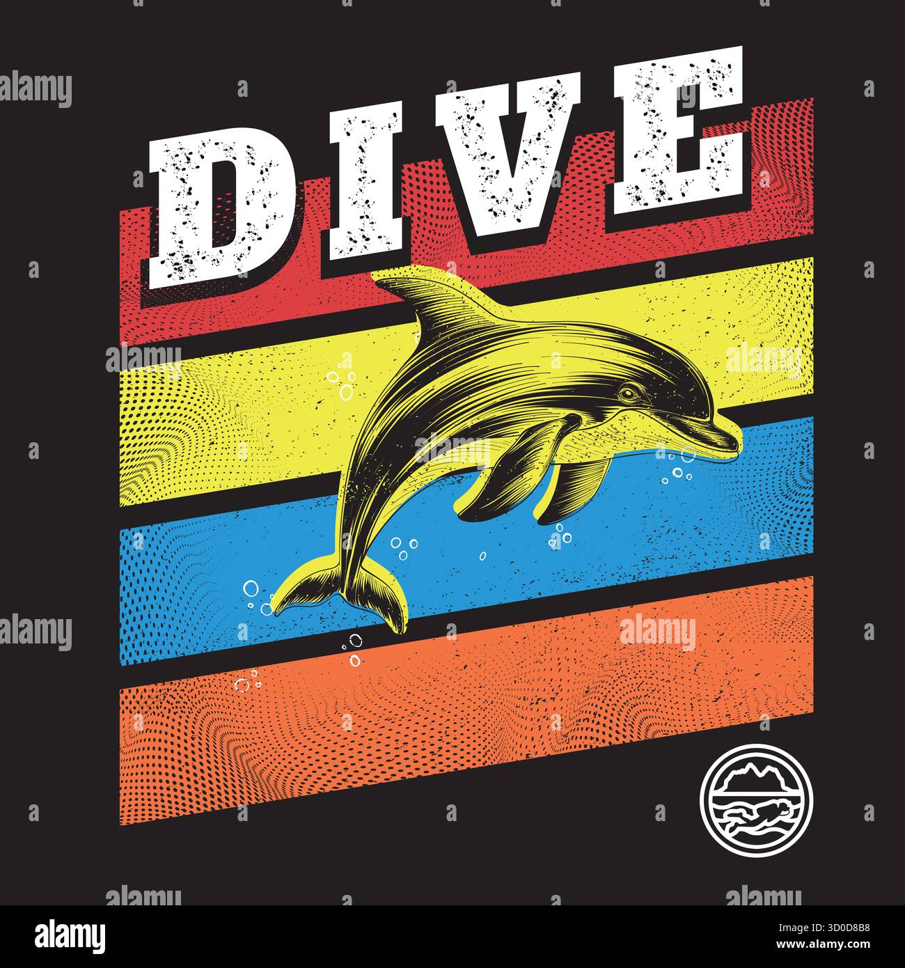 ILLUSTRAZIONE DEI DELFINI PER IMMERSIONI SUBACQUEE IN STILE RETRÒ Illustrazione Vettoriale