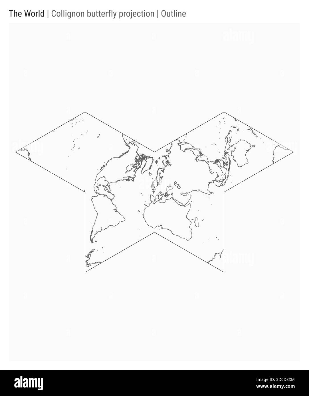 Mappa del mondo. Proiezione a farfalla Collignon. Stile contorno. Mappa mondiale dettagliata per infografiche, istruzione, report e presentazioni. Illustrazione Vettoriale