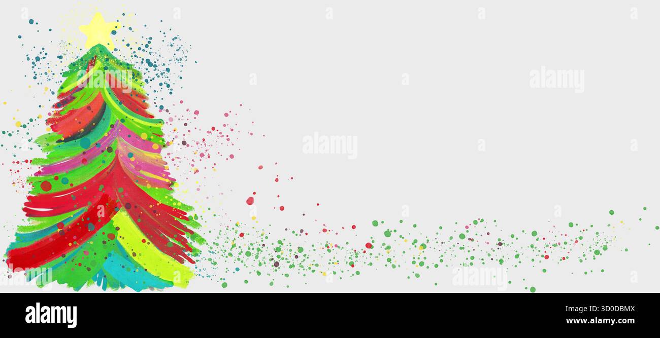 L'albero di Natale astratto colorato sembra un dipinto ad olio su una struttura su tela. Spruzzi e blobi. Davanti allo sfondo bianco. Illustrazione Vettoriale