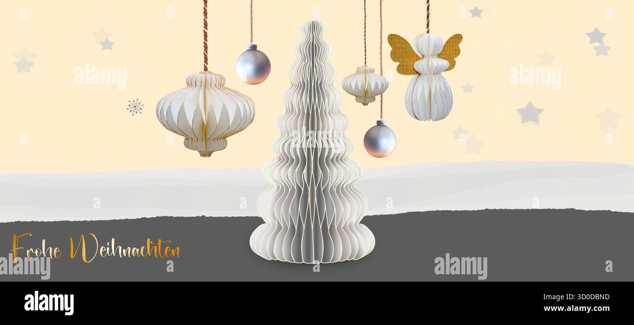 Nuovo design con albero di Natale a nido d'ape bianco e angeli a nido d'ape di carta. Testo tedesco: Buon Natale. Copia spazio. Illustrazione Vettoriale