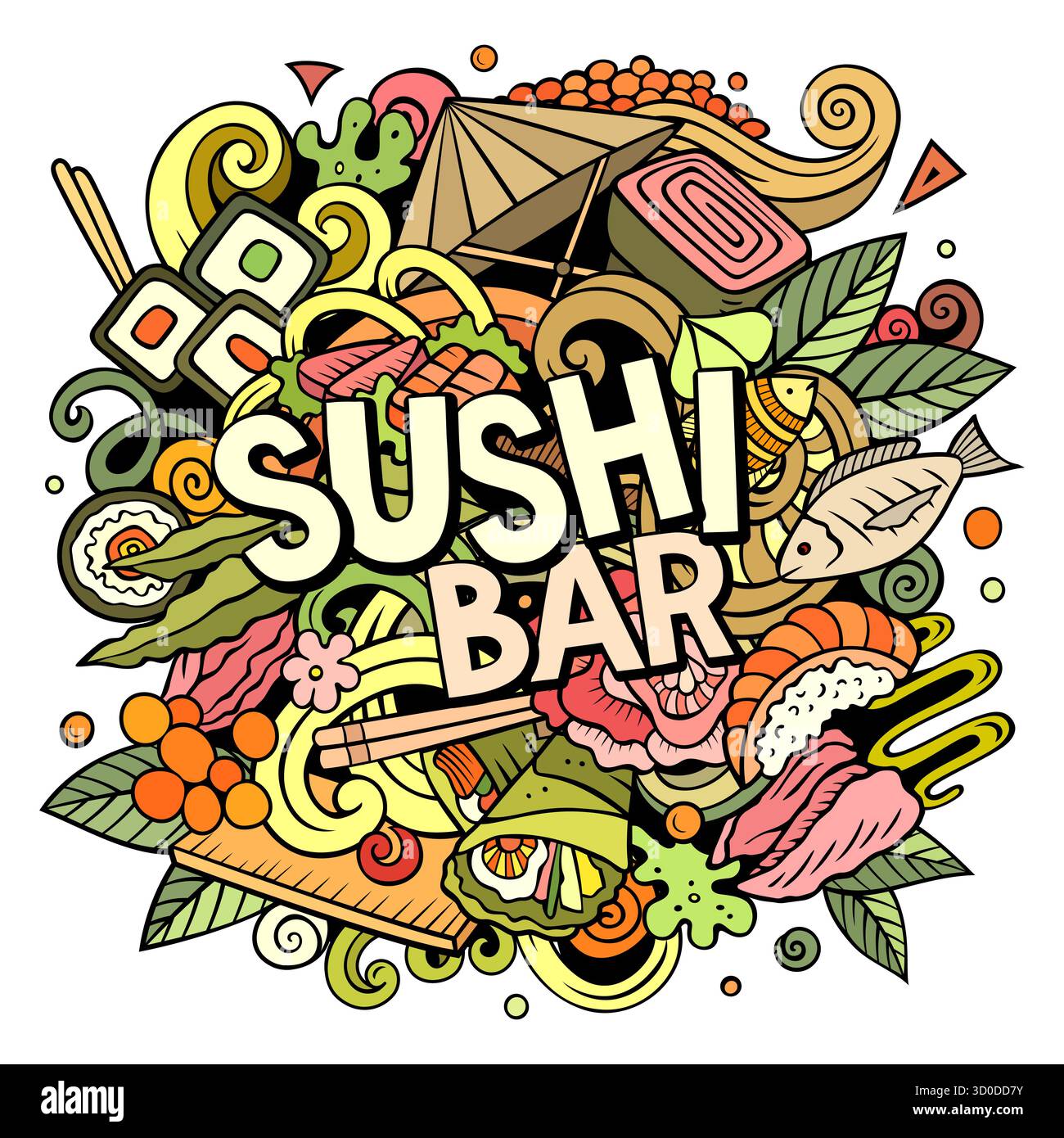 Sushi Bar Doodle Cartoon illustrazione divertente Illustrazione Vettoriale