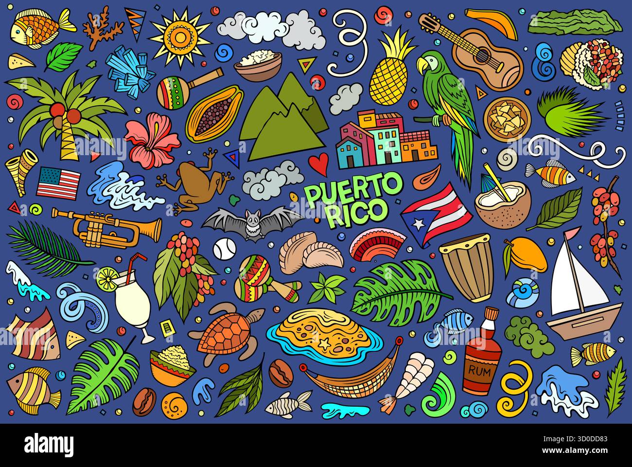 Set di simboli e oggetti tradizionali di PORTO RICO Illustrazione Vettoriale