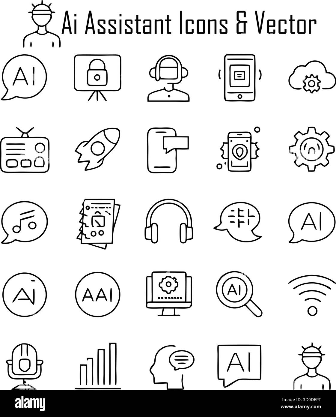 Set icone assistente AI: Intelligenza artificiale, chatbot e aiutanti digitali Illustrazione Vettoriale