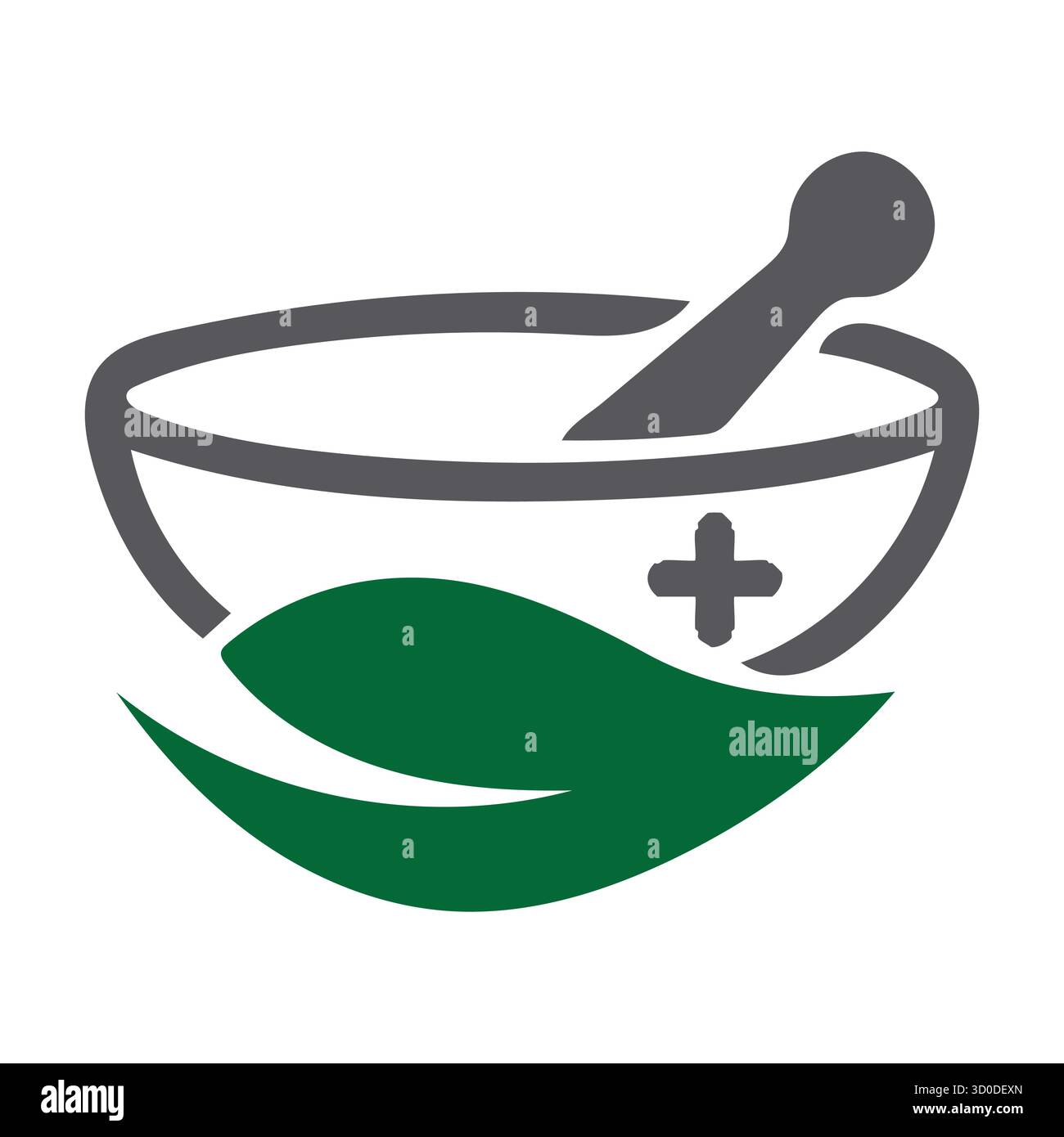 Logo naturale della farmacia: Mortaio & pestello con foglia di erbe e croce medica Illustrazione Vettoriale