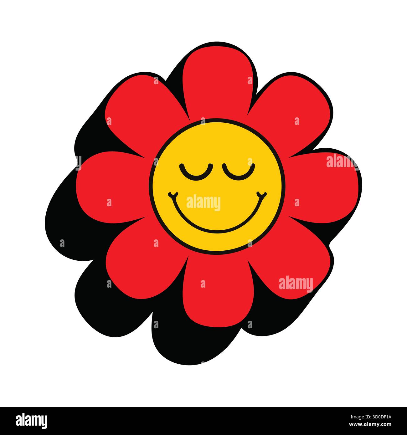 Icona retro Smiley Flower: Daisy Groovy Red con Psichedelico Drop Shadow Illustrazione Vettoriale