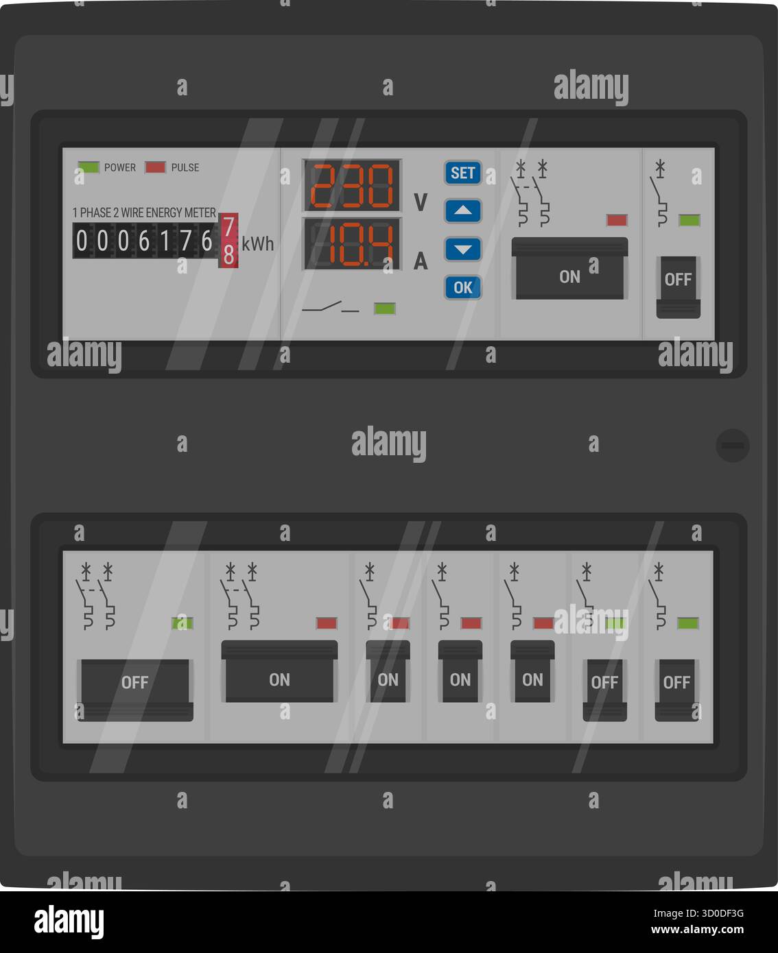 Pannello elettrico domestico con contatore di energia e interruttori automatici. Illustrazione vettoriale su sfondo trasparente Illustrazione Vettoriale