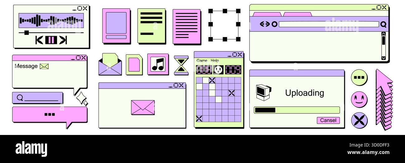 Collezione di adesivi Y2K con elementi di interfaccia computer retrò in colori pastello. Nostalgica estetica digitale anni '90 con finestre classiche, icone e comandi di navigazione per un design della prima era Internet. Illustrazione Vettoriale