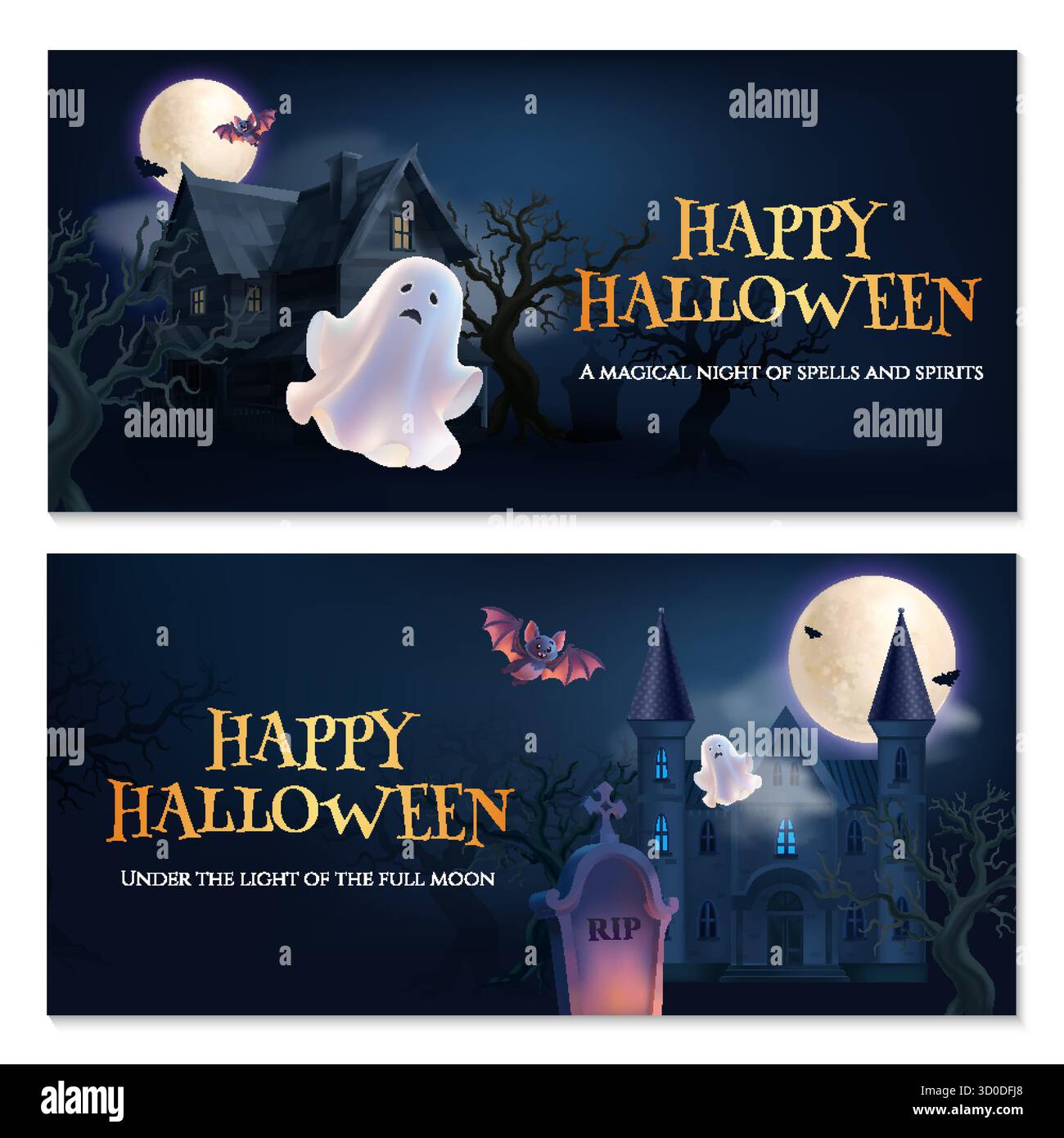 Striscione orizzontale di Halloween con pipistrelli e zucche spaventosi in stile cartoni animati realistico Illustrazione Vettoriale