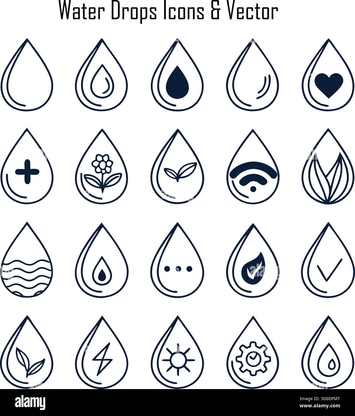 Set icone gocce d'acqua: Goccioline, liquido, natura e concetti rinfrescanti Illustrazione Vettoriale