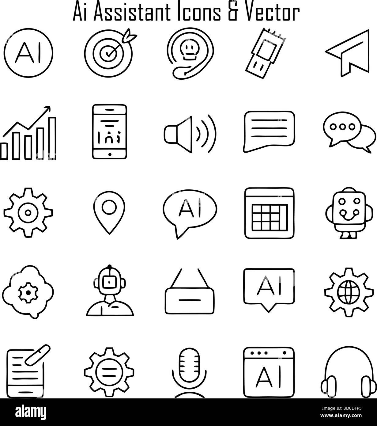 Set icone assistente AI: Intelligenza artificiale, chatbot e aiutanti digitali Illustrazione Vettoriale