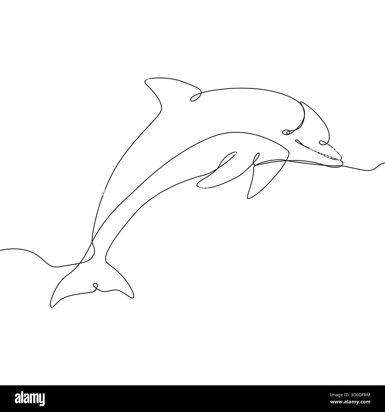 Illustrazione del salto con i delfini. Un concetto di line art. Vettore schizzo animale. Disegno a linea continua. Illustrazione Vettoriale