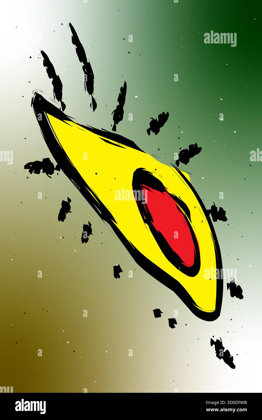 Audace illustrazione vettoriale con un occhio illuminati stilizzato in una forma gialla simile a una fiamma con un centro rosso. Circondato da un contrassegno nero dinamico Illustrazione Vettoriale