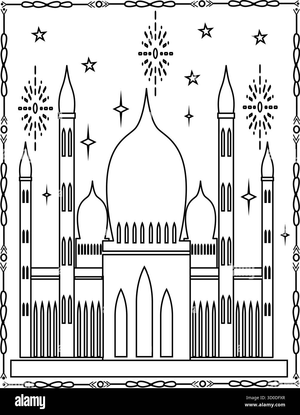 Illustrazione della moschea stelle di luna crescente nuvole ramadan islamico eid notte musulmana semplice line art colorare pagina bambini. Illustrazione Vettoriale