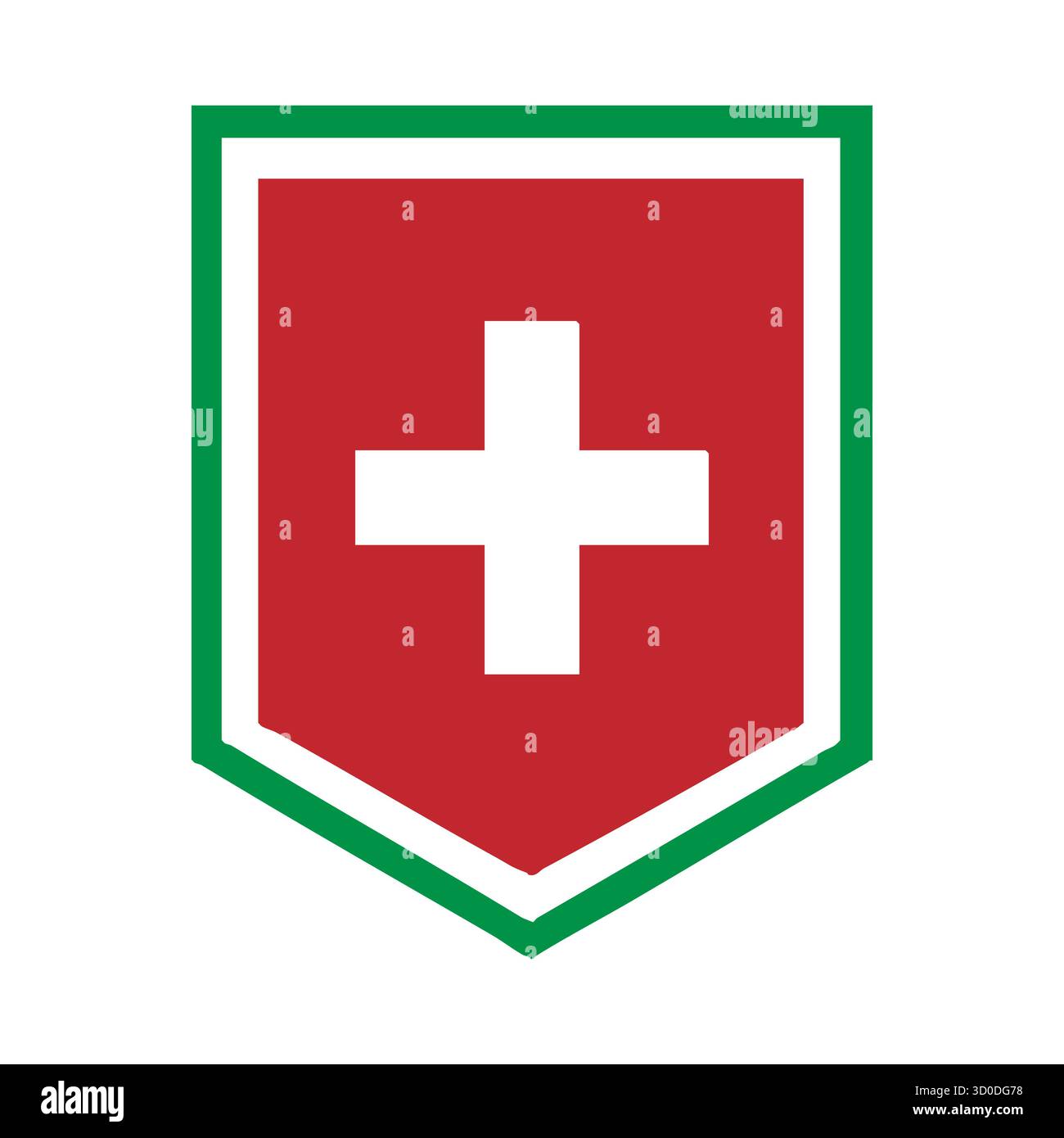 Icona dello scudo di difesa medica: Croce rossa, bordo verde e logo di protezione della salute Illustrazione Vettoriale