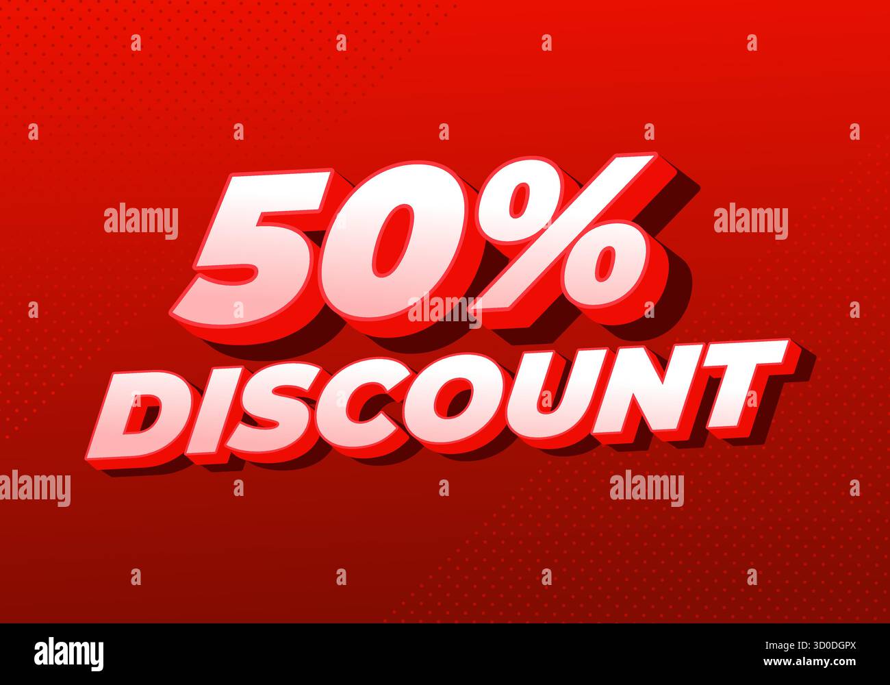 50% di sconto. Tipografia promozionale accattivante con toni vivaci, ombre uniformi e un potente aspetto dimensionale Illustrazione Vettoriale