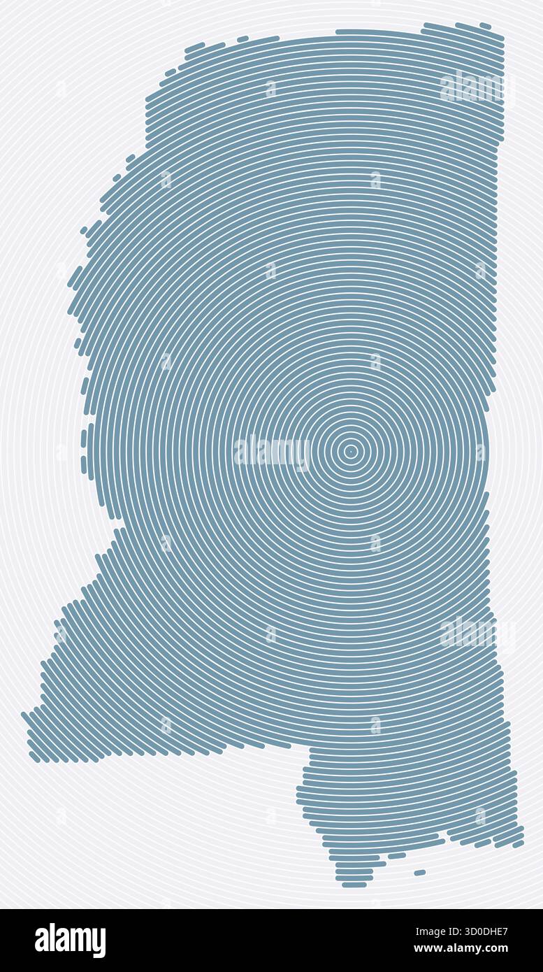 Anelli a forma di Mississippi. Mappa di stato formata da cerchi impilati. Design della forma del confine del Mississippi. Illustrazione vettoriale moderna. Illustrazione Vettoriale