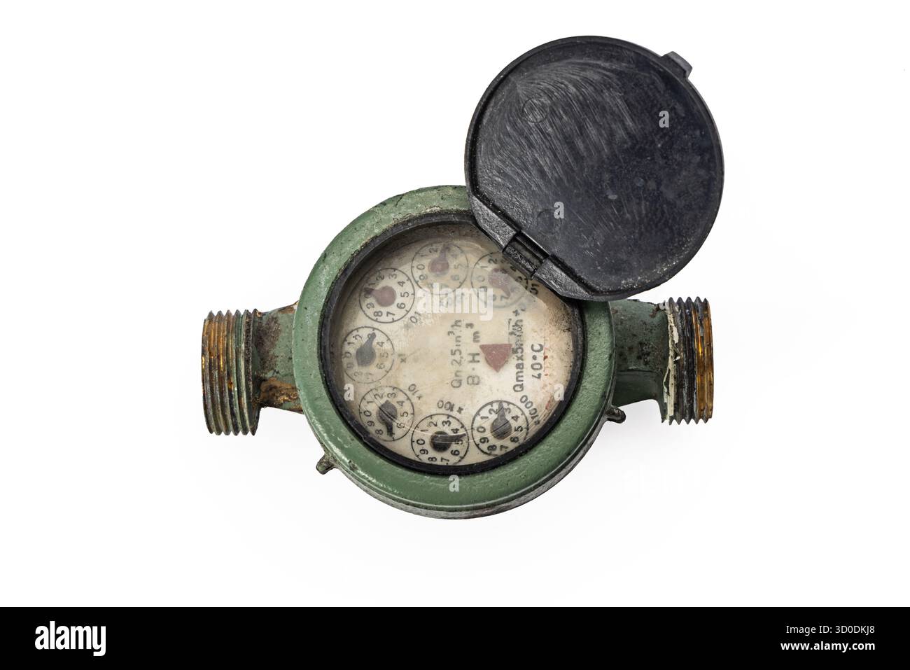 Misuratore d'acqua verde vintage con coperchio aperto, dispositivo industriale rustico per tubazioni Foto Stock