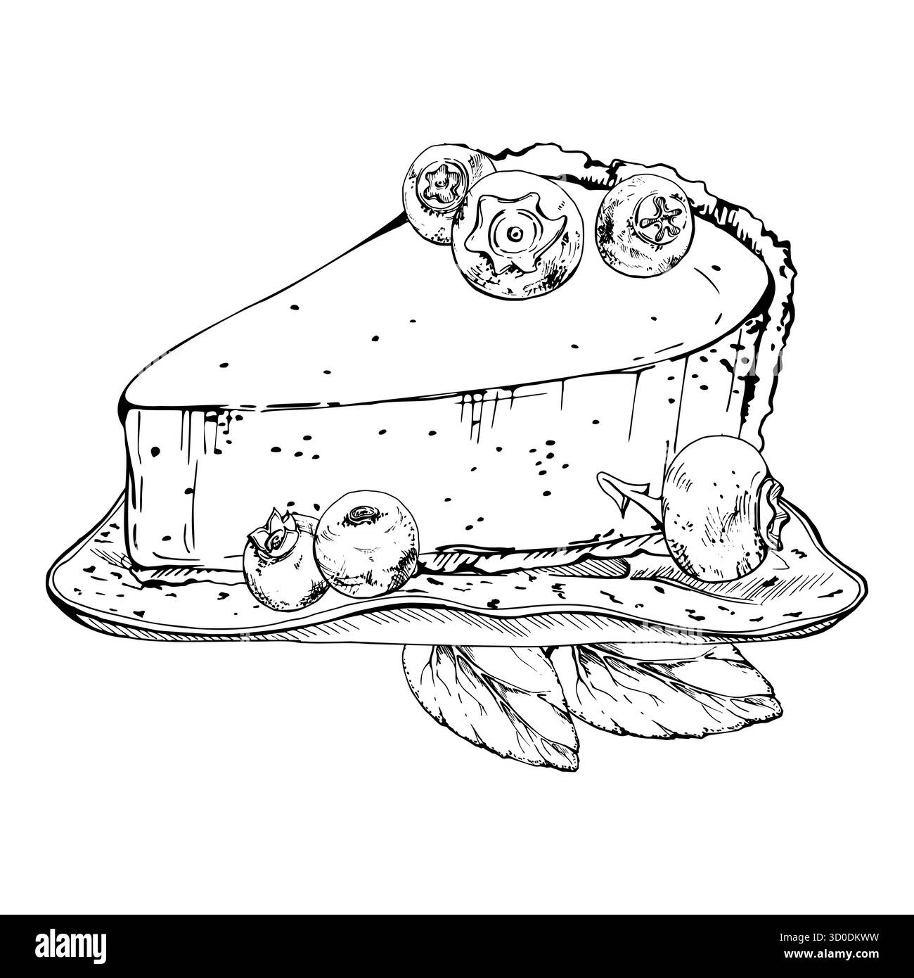 Cheesecake cremosa coronata da mirtilli lucidi, mousse torte servita su piatto di ceramica con menta, disegnata a mano con inchiostro vettoriale. Menu caffetteria, tea party Illustrazione Vettoriale