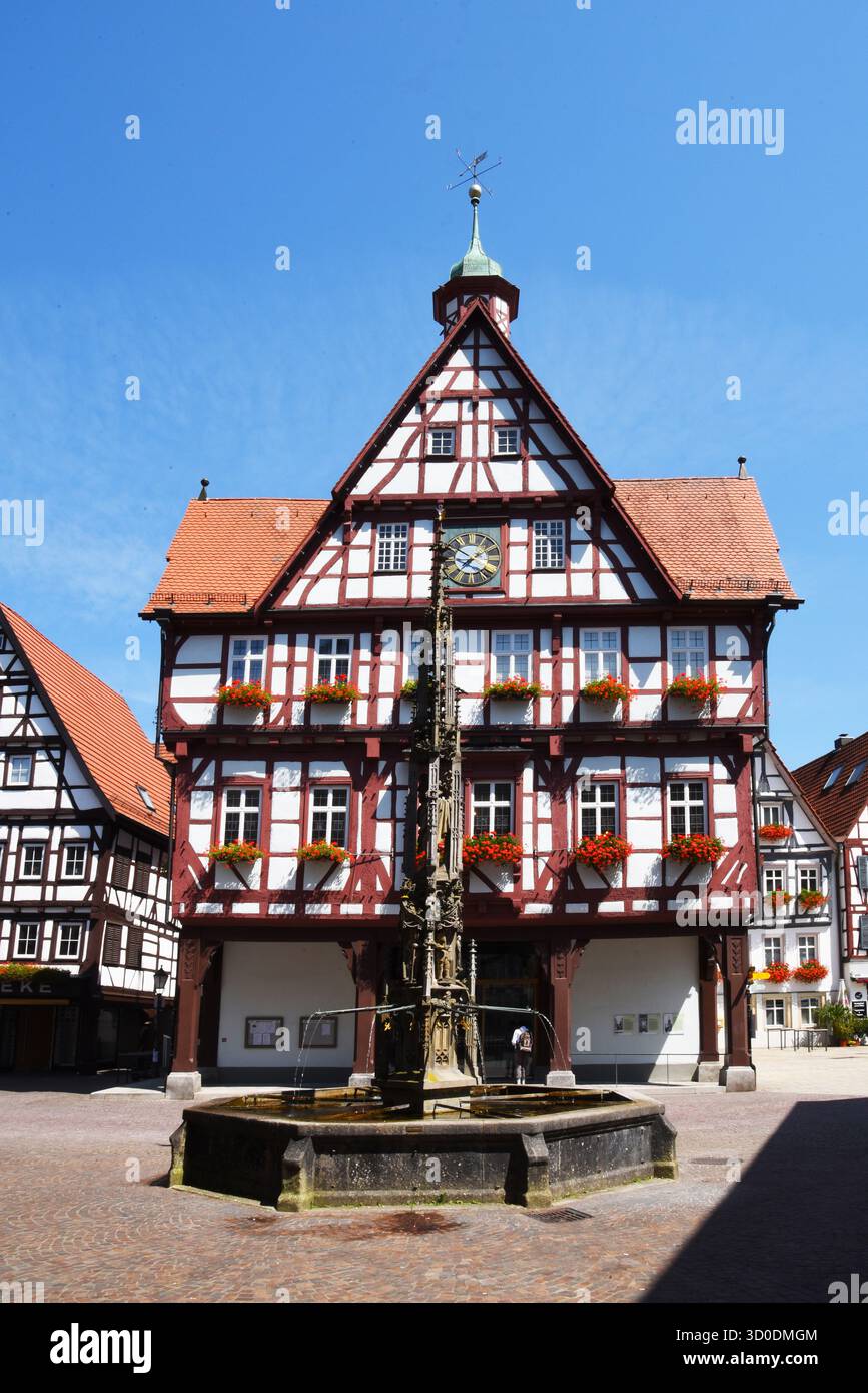 Bad Urach, municipio con fontana del mercato, Baden Württemberg, Germania Foto Stock