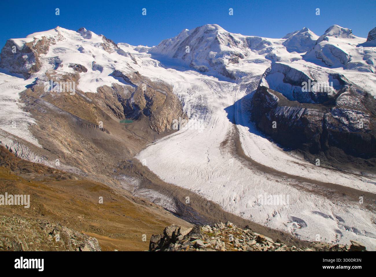 Alpi, Svizzera, Vallese, Zermatt, Gornergrat, Monte Rosa, Liskamm, Castor, Pollux, Cime, Ghiacciaio di Grenzgletscher, Foto Stock