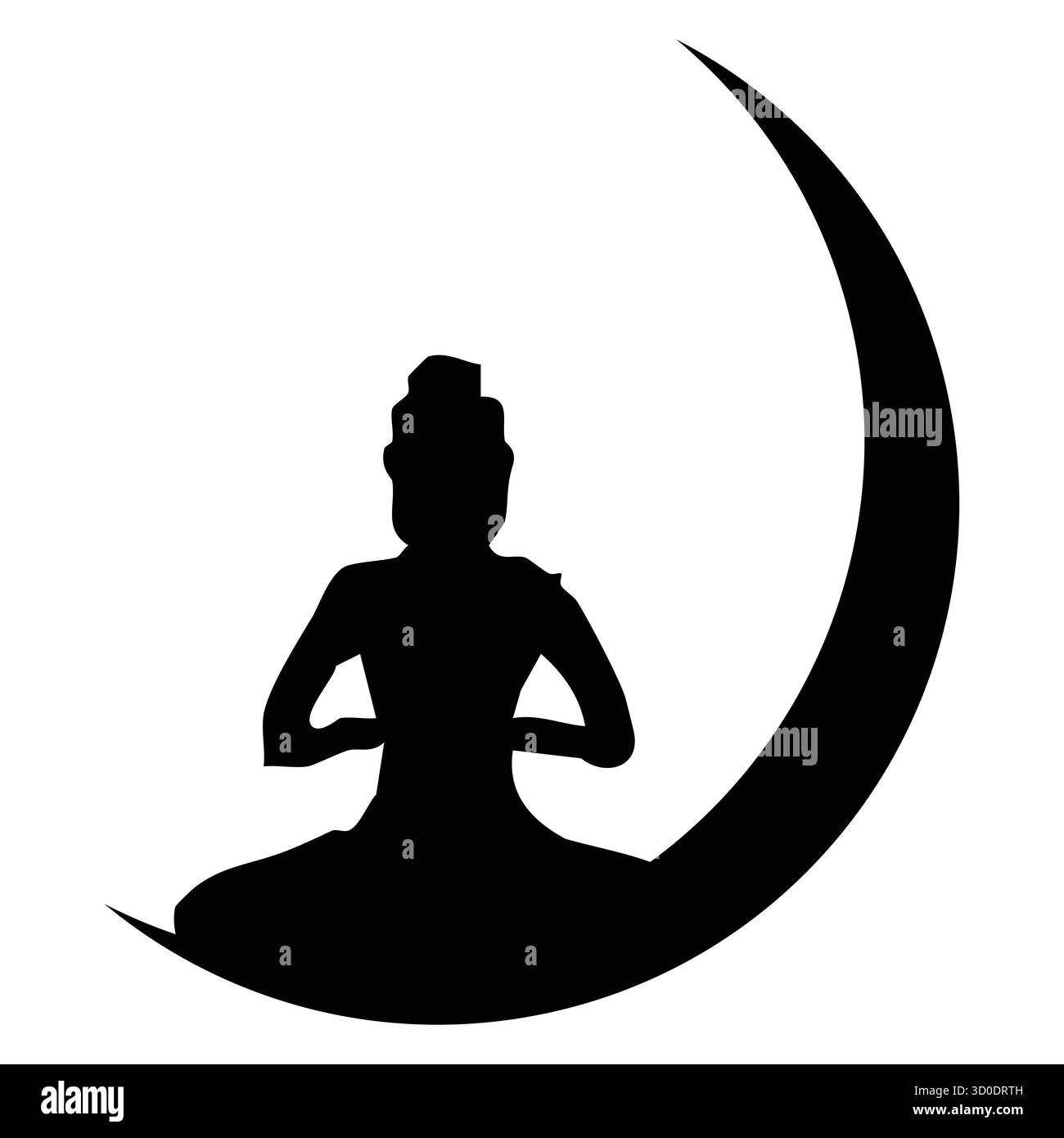 Silhouette di Buddha che meditano su un'icona della Luna Mezzaluna per la pace, lo yoga e il design spirituale. Illustrazione Vettoriale