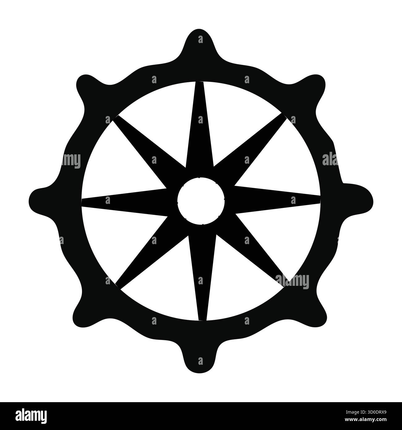 Simbolo nero di Dharma chakra o icona a otto raggi della ruota del Dharma per il buddismo. Illustrazione Vettoriale